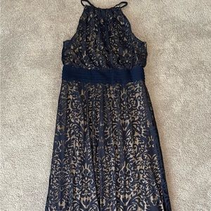 Maggy London - Formal Maxi Dress - Navy Lace overlay with Cream.